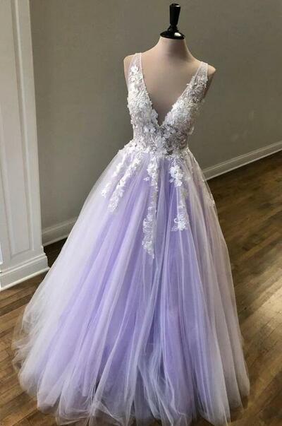 A-line lavender tulle and white lace appliques long prom dress