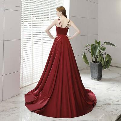 Simple wine red long formal prom dress with slit