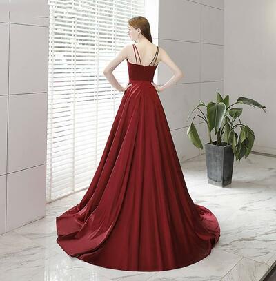 Simple Wine Red Long Formal Prom Dress with Slit