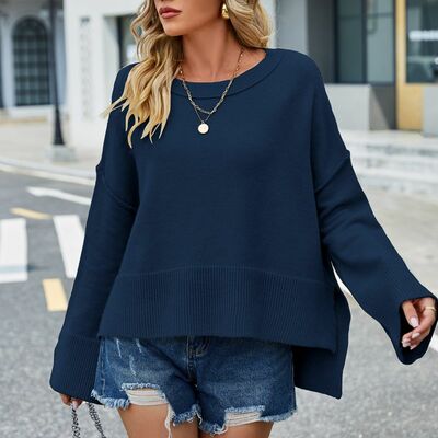 Round Neck Flared Sleeves Solid Color Women's Sweater Pullover Sweater