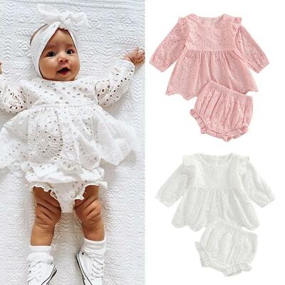 Baby toddler girls hollowed out eyelet ruffled top and shorts set summer outfit free shipping