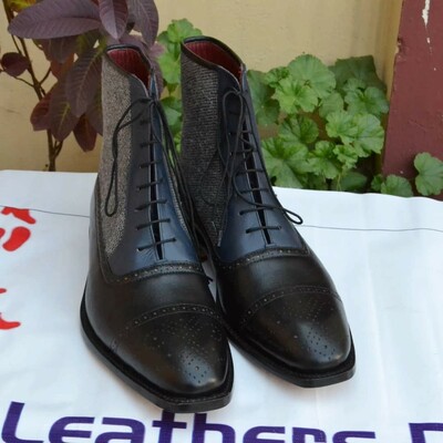 Crafted leather men ankle high black and tweed contrast lace up dress boot - Thumbnail 4