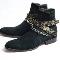 New Handmade Pure Suede Leather Black Stylish Chain Ankle Strap Boot for Men's - Thumbnail 1