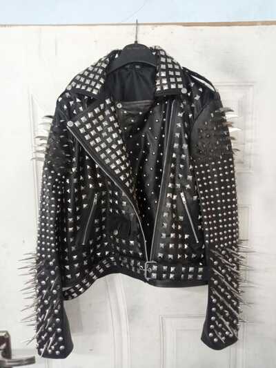 Crafted Leather New Women's Punk Full Long Spiked Studded Brando Black Adorable Leather Jacket
