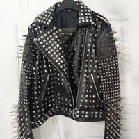 Crafted Leather New Women's Punk Full Long Spiked Studded Brando Black Adorable Leather Jacket - Thumbnail 1