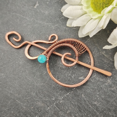 Egyptian hair slide for woman with blue amazonite, copper wire wrap small hair cloak, hair barrette for thin hair