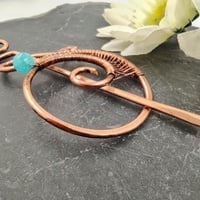 Egyptian hair slide for woman with blue amazonite, copper wire wrap small hair cloak, Hair barrette for thin hair - Thumbnail 1