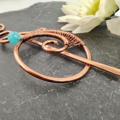 Egyptian hair slide for woman with blue amazonite, copper wire wrap small hair cloak, hair barrette for thin hair