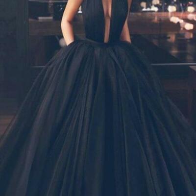 Sexy black plunge tulle long prom dresses - Thumbnail 2