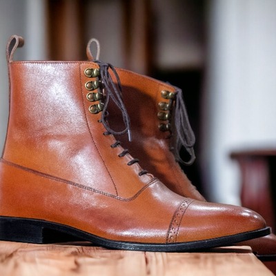 Handmade brown leather boot, men's ankle lace up boot - Thumbnail 1