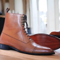 Handmade Brown Leather Boot, Men's Ankle Lace up Boot - Thumbnail 1