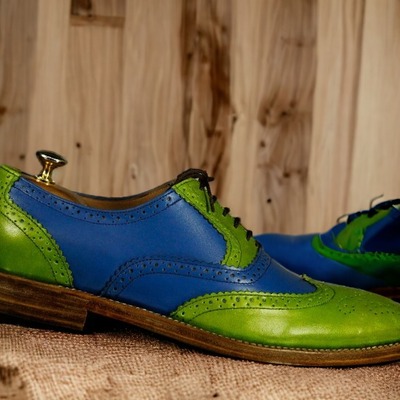 Handmade men's two tone leather suede lace up wing tip office shoes