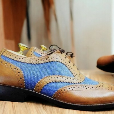 Handmade men's two tone leather suede lace up wing tip dress shoes - Thumbnail 2