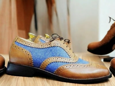 Handmade Men's Two Tone Leather Suede Lace up Wing Tip Dress shoes