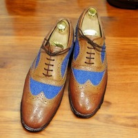 Handmade Men's Two Tone Leather Suede Lace up Wing Tip Dress shoes - Thumbnail 1
