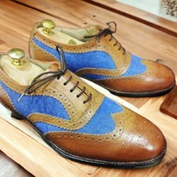 Handmade Men's Two Tone Leather Suede Lace up Wing Tip Dress shoes - Thumbnail 2