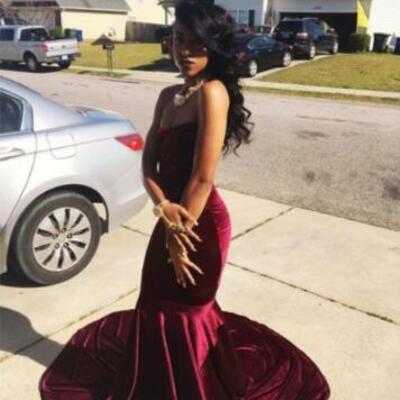 Strapless mermaid burgundy velvet prom dresses 