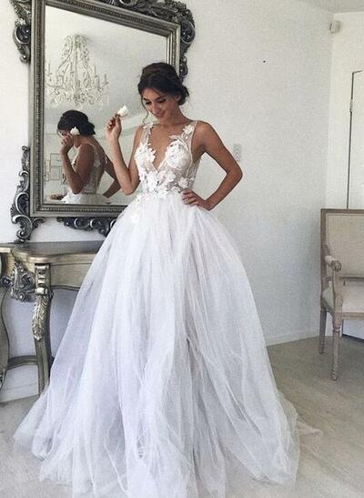 A Line Ball Gown Tulle Lace Appliques Wedding Dress Bridal Gowns