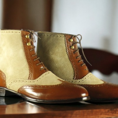 Handmade two tone leather suede formal boot lace up chunky sole - Thumbnail 3