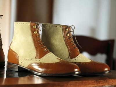 Handmade Two Tone Leather Suede Formal boot Lace up Chunky sole