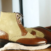 Handmade Two Tone Leather Suede Formal boot Lace up Chunky sole - Thumbnail 1