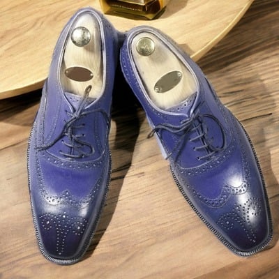 Handpainted men's blue leather  lace up wing tip dress shoes