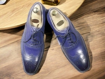 Handpainted Men's Blue Leather  Lace up Wing tip Dress shoes