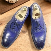 Handpainted Men's Blue Leather  Lace up Wing tip Dress shoes - Thumbnail 1