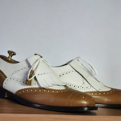 Handmade men's two tone leather fringe laofer shoes - Thumbnail 2