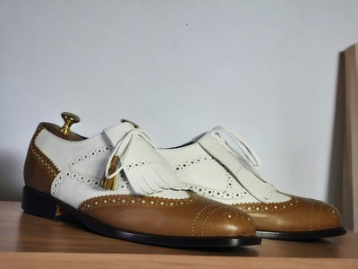 Handmade Men's Two Tone Leather Fringe Laofer shoes