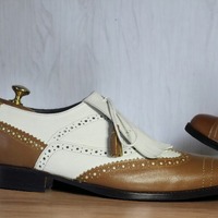 Handmade Men's Two Tone Leather Fringe Laofer shoes - Thumbnail 2