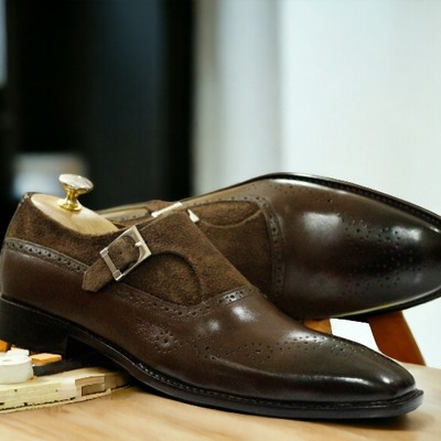 Handmade men's brown buckle & brogue toe leather suede loafer shoes - Thumbnail 4