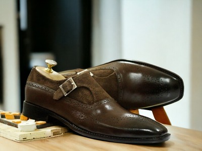 Handmade Men's Brown Buckle & Brogue Toe Leather suede Loafer shoes