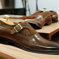 Handmade Men's Brown Buckle & Brogue Toe Leather suede Loafer shoes - Thumbnail 1