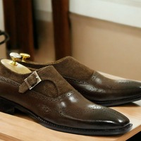 Handmade Men's Brown Buckle & Brogue Toe Leather suede Loafer shoes - Thumbnail 2