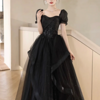 Black Tulle Lace Short Sleeve Floor Length Prom Dress, Black A Line Evening Party Dress KPP1717 - Thumbnail 1