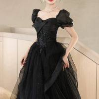 Black Tulle Lace Short Sleeve Floor Length Prom Dress, Black A Line Evening Party Dress KPP1717 - Thumbnail 2