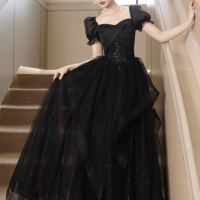 Black Tulle Lace Short Sleeve Floor Length Prom Dress, Black A Line Evening Party Dress KPP1717 - Thumbnail 3