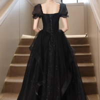 Black Tulle Lace Short Sleeve Floor Length Prom Dress, Black A Line Evening Party Dress KPP1717 - Thumbnail 4