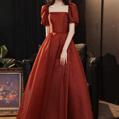 A line puff sleeves organza burgundy long prom dress, burgundy long evening dress kpp1718