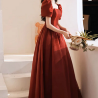 A Line Puff Sleeves Organza Burgundy Long Prom Dress, Burgundy Long Evening Dress KPP1718 - Thumbnail 1