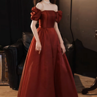 A Line Puff Sleeves Organza Burgundy Long Prom Dress, Burgundy Long Evening Dress KPP1718 - Thumbnail 2