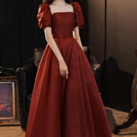 A Line Puff Sleeves Organza Burgundy Long Prom Dress, Burgundy Long Evening Dress KPP1718 - Thumbnail 3