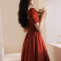 A Line Puff Sleeves Organza Burgundy Long Prom Dress, Burgundy Long Evening Dress KPP1718 - Thumbnail 4