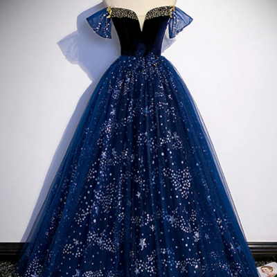 A line tulle off shoulder beaded long party dress, navy blue tulle prom dress kpp1719