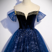 A Line Tulle Off Shoulder Beaded Long Party Dress, Navy Blue Tulle Prom Dress KPP1719 - Thumbnail 1