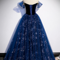 A Line Tulle Off Shoulder Beaded Long Party Dress, Navy Blue Tulle Prom Dress KPP1719 - Thumbnail 2