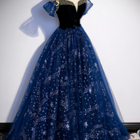 A Line Tulle Off Shoulder Beaded Long Party Dress, Navy Blue Tulle Prom Dress KPP1719 - Thumbnail 3