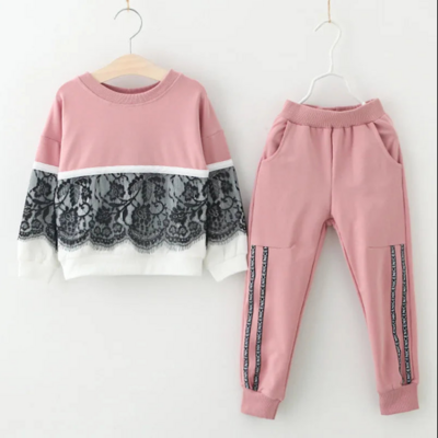 Toddler girls long sleeve cotton pink and black lace sweatshirt and pants set free shipping