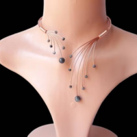 Art deco copper wire choker necklace with gray gemstones - Heady wire wrap with elegant fashion pair - Thumbnail 1